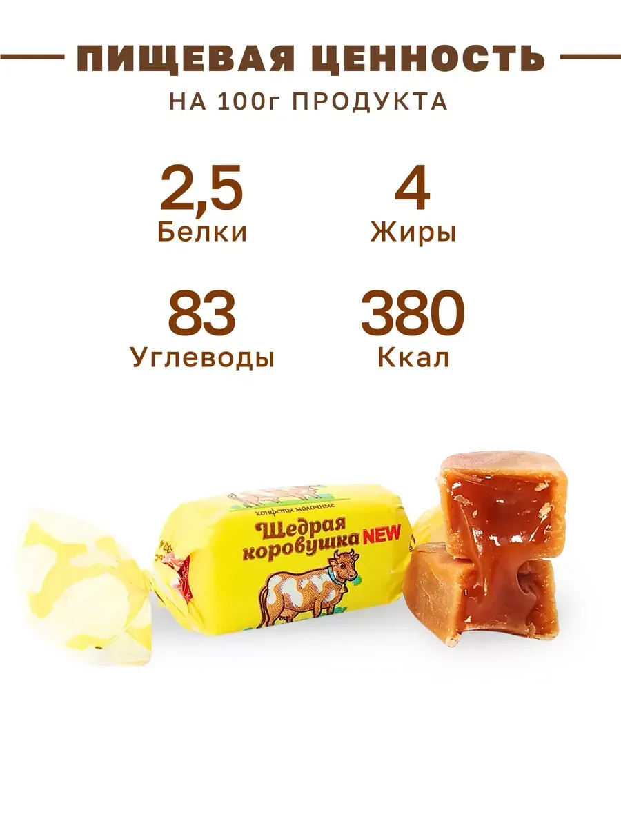 Коровка калории кбжу: белки — 2,5 г, жиры — 4,0 г, углеводы — 83 г. Энергетическая ценность 100 г продукта: 1570 кДж/370 ккал.